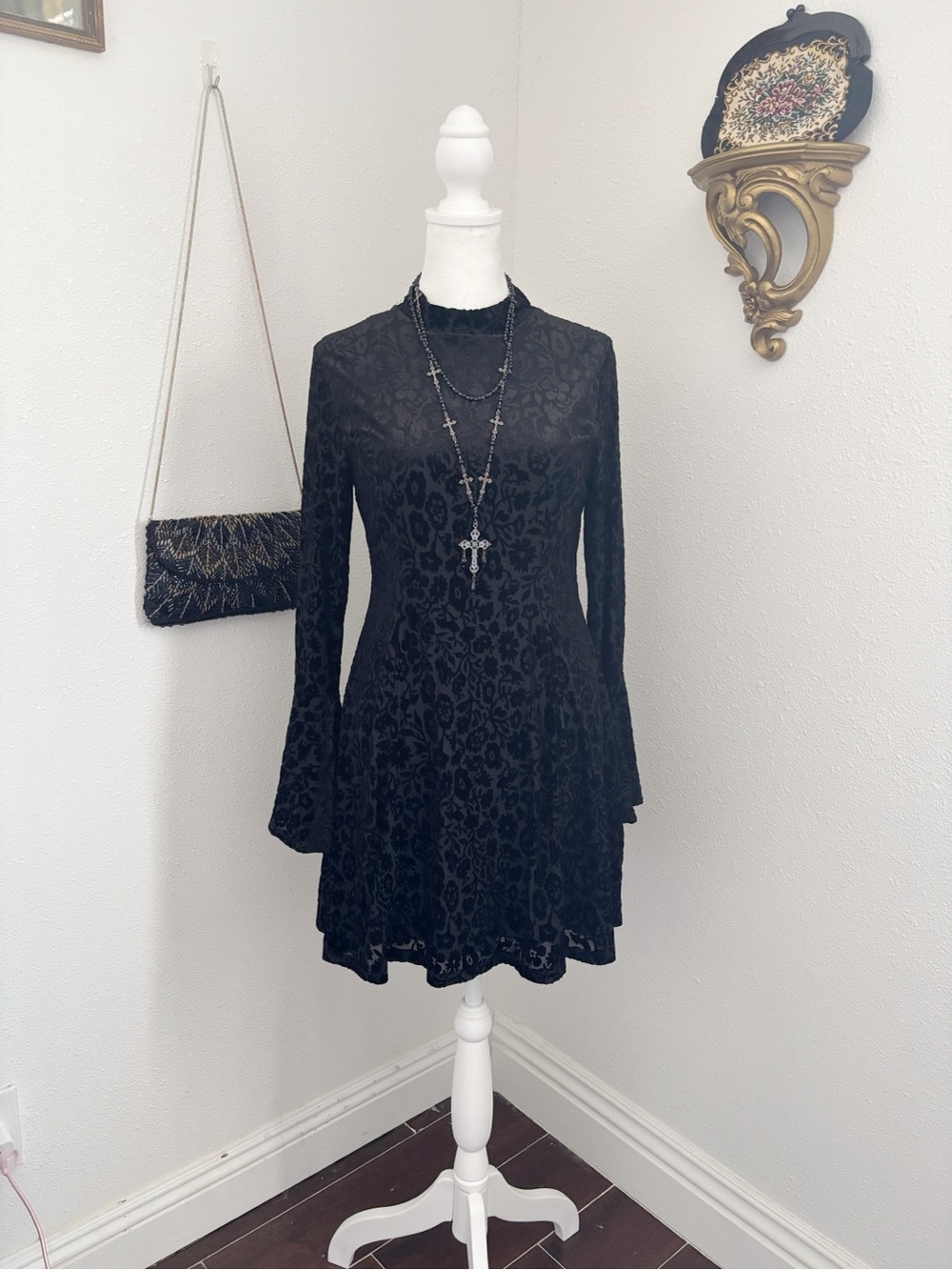 Goth Black lace dress mock neck bell sleeves dark floral pattern Medium